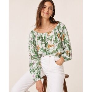 Anthropologie Womens Floral Bird Print Balloon Sleeve Blouse XS White Botanical